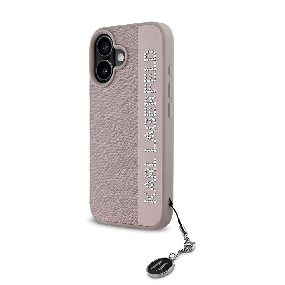 Apple iPhone 16 Kılıf Karl Lagerfeld Orjinal Lisanslı Anahtarlıklı Taşlı KL Yazılı Saffiano Rhinestones Kapak Pembe