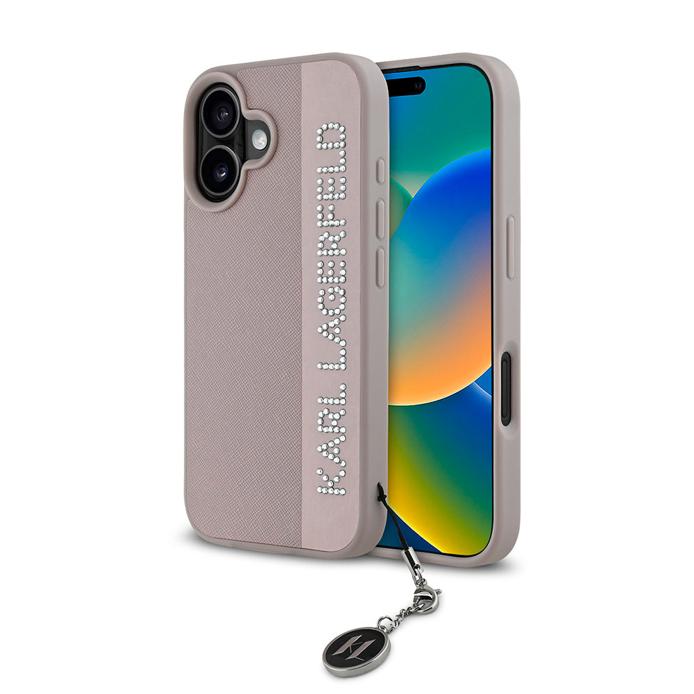 Apple iPhone 16 Kılıf Karl Lagerfeld Orjinal Lisanslı Anahtarlıklı Taşlı KL Yazılı Saffiano Rhinestones Kapak Pembe