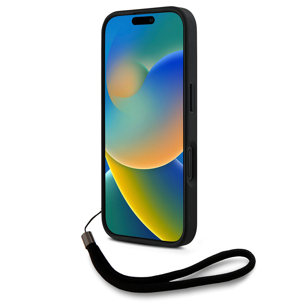 Apple iPhone 16 Kılıf Karl Lagerfeld Orjinal Lisanslı Askılı Saffiano Athleisure Şerit Çizgili Kapak Siyah-Pembe