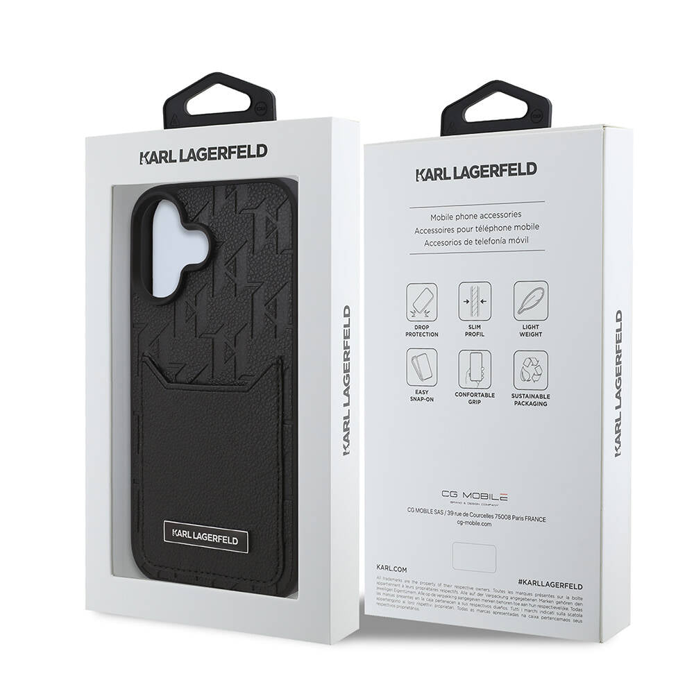 Apple iPhone 16 Kılıf Karl Lagerfeld Orjinal Lisanslı Kartlıklı Cardslot Monogram Kapak Siyah