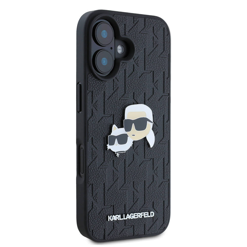 Apple iPhone 16 Kılıf Karl Lagerfeld Orjinal Lisanslı K&C Heads Monogram Pin Kapak Siyah