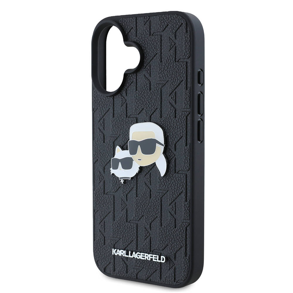 Apple iPhone 16 Kılıf Karl Lagerfeld Orjinal Lisanslı K&C Heads Monogram Pin Kapak Siyah