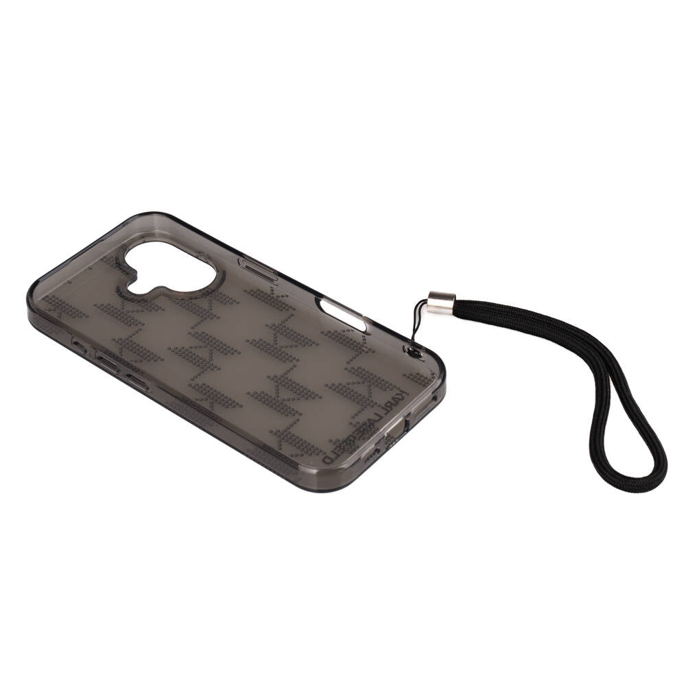 Apple iPhone 16 Kılıf Karl Lagerfeld Orjinal Lisanslı KL Desenli Saydam Bilek Askı İpli Klasik Logolu Kapak Siyah