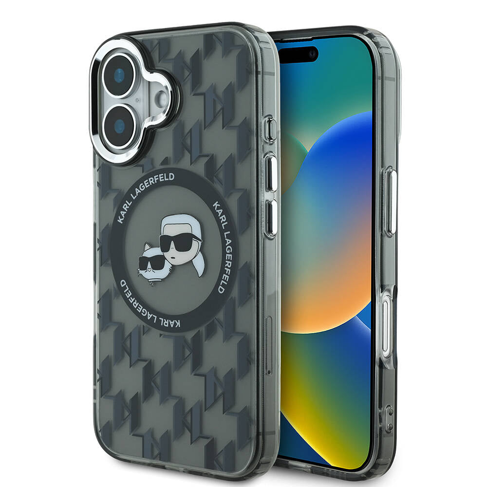 Apple iPhone 16 Kılıf Karl Lagerfeld Orjinal Lisanslı M-safe Şarj Özellikli IML Baskılı Metal Monogram KC Heads Kapak Siyah
