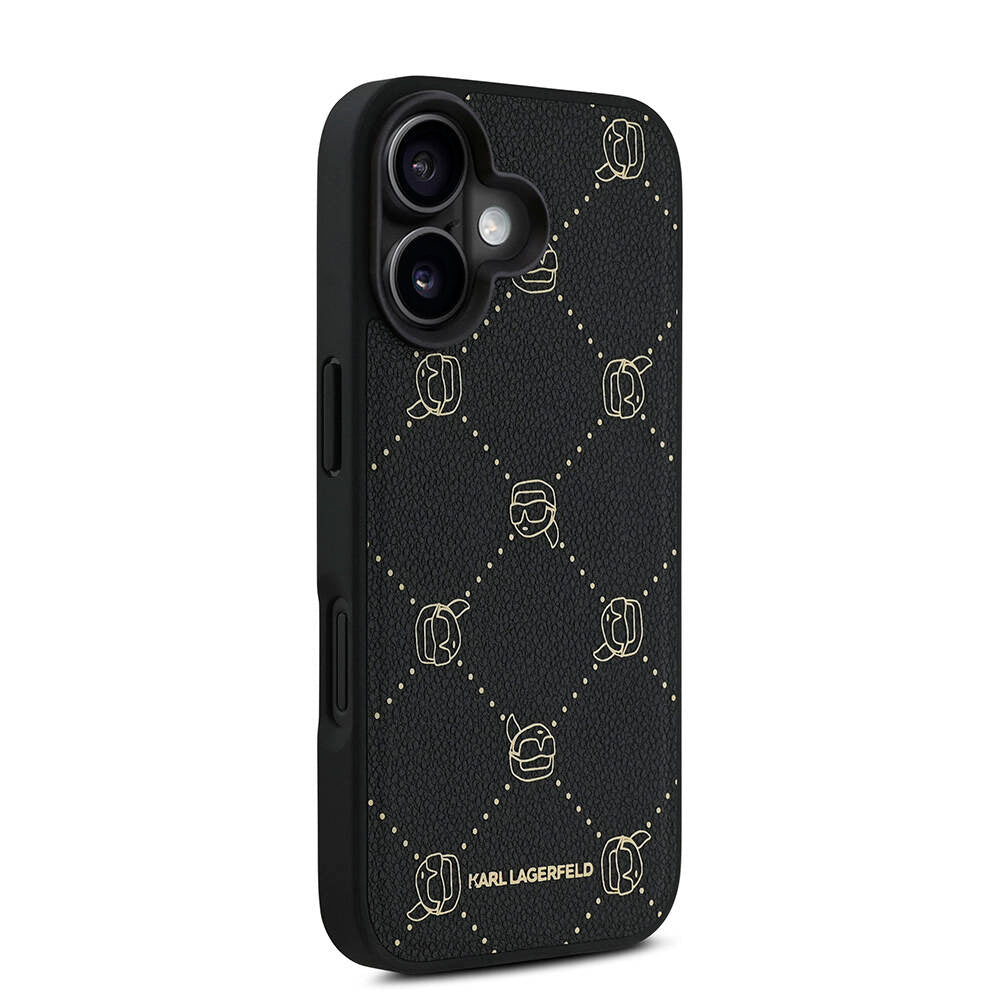 Apple iPhone 16 Kılıf Karl Lagerfeld Orjinal Lisanslı M-safe Şarj Özellikli PU Deri Karl Heads Desenli Klasik Logolu Kapak Siyah