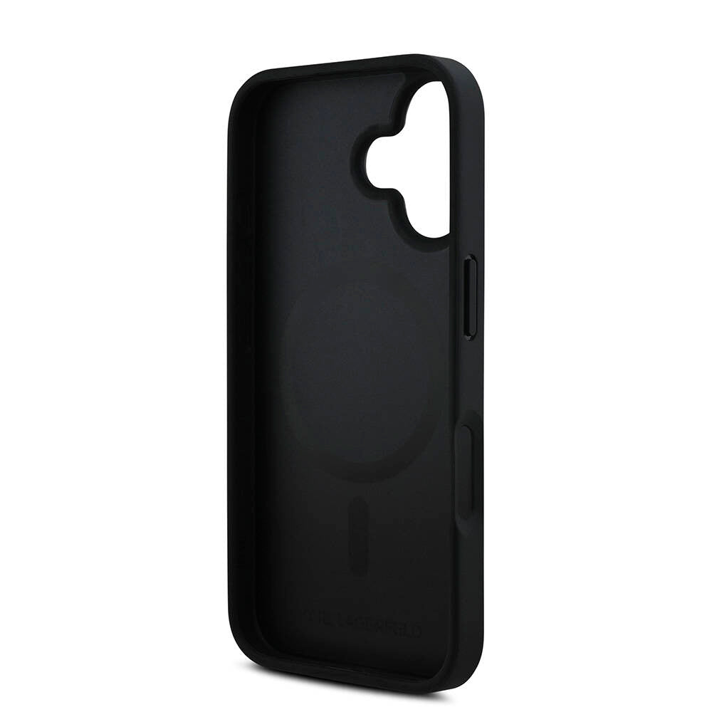 Apple iPhone 16 Kılıf Karl Lagerfeld Orjinal Lisanslı M-safe Şarj Özellikli PU Deri Karl Heads Desenli Klasik Logolu Kapak Siyah
