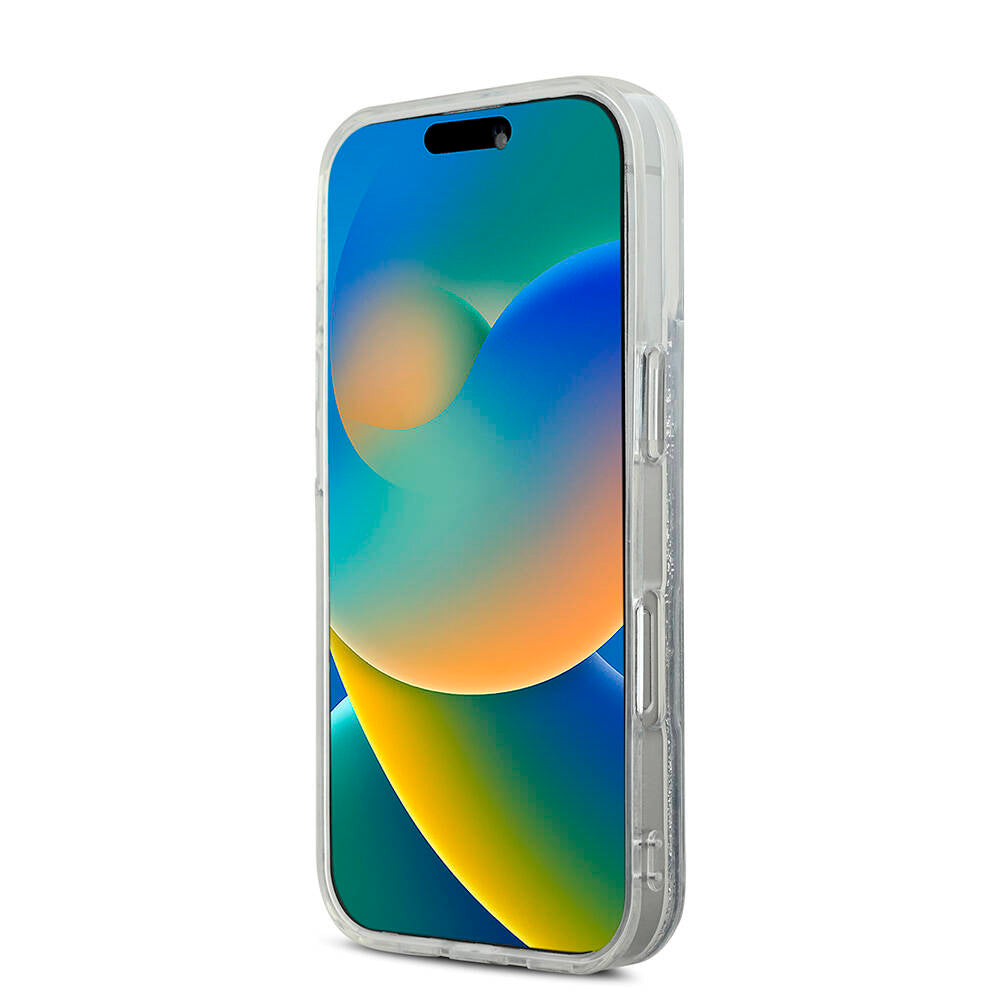 Apple iPhone 16 Kılıf Karl Lagerfeld Orjinal Lisanslı M-safe Şarj Özellikli Sıvılı Simli K&C Heads Kapak Şeffaf