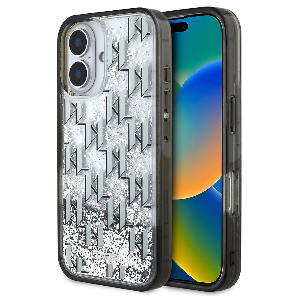 Apple iPhone 16 Kılıf Karl Lagerfeld Orjinal Lisanslı Simli KL Yazılı Monogram Gradient Kapak Siyah