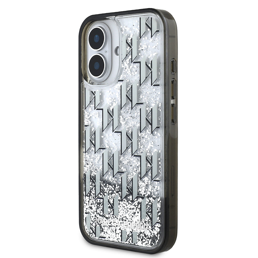 Apple iPhone 16 Kılıf Karl Lagerfeld Orjinal Lisanslı Simli KL Yazılı Monogram Gradient Kapak Siyah