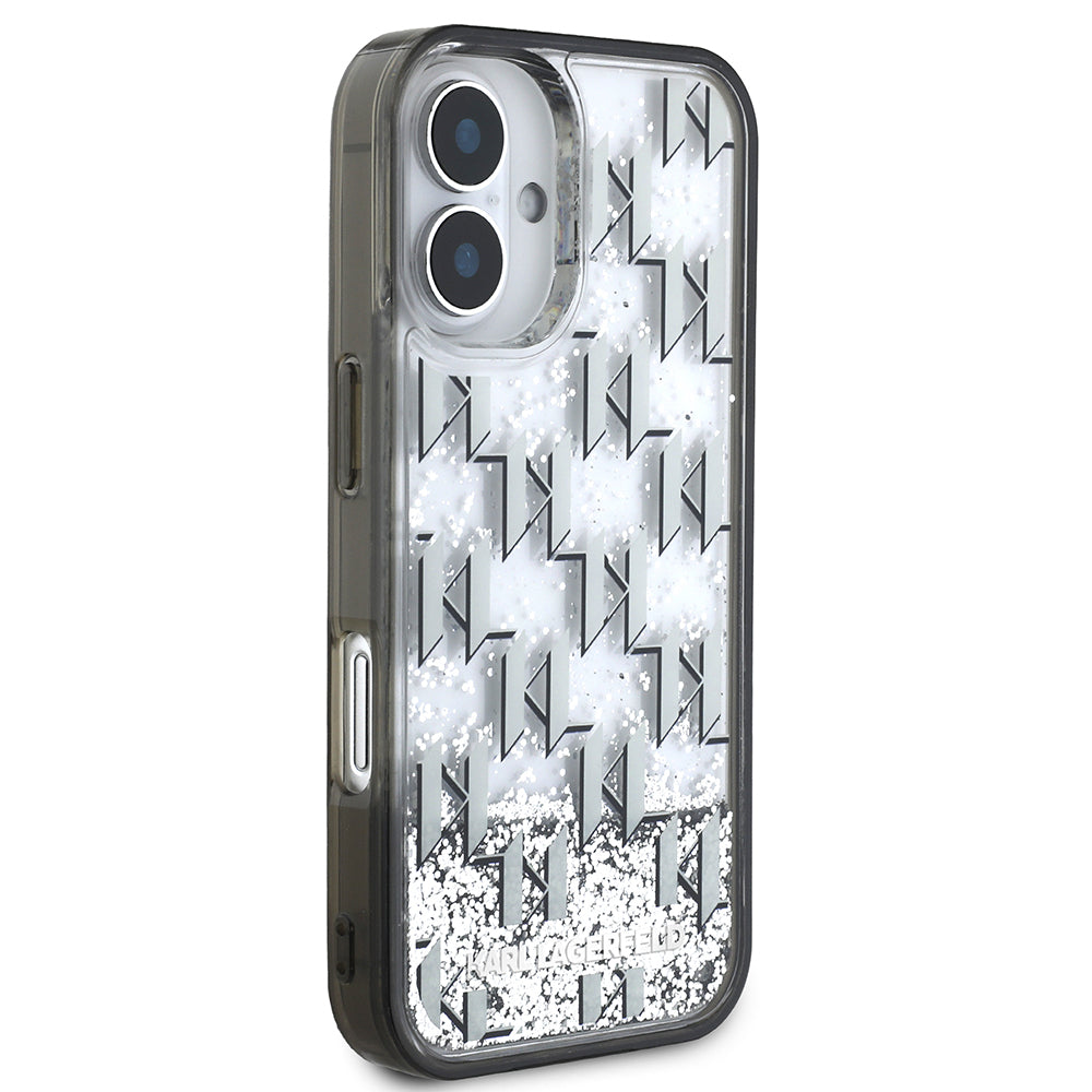 Apple iPhone 16 Kılıf Karl Lagerfeld Orjinal Lisanslı Simli KL Yazılı Monogram Gradient Kapak Siyah