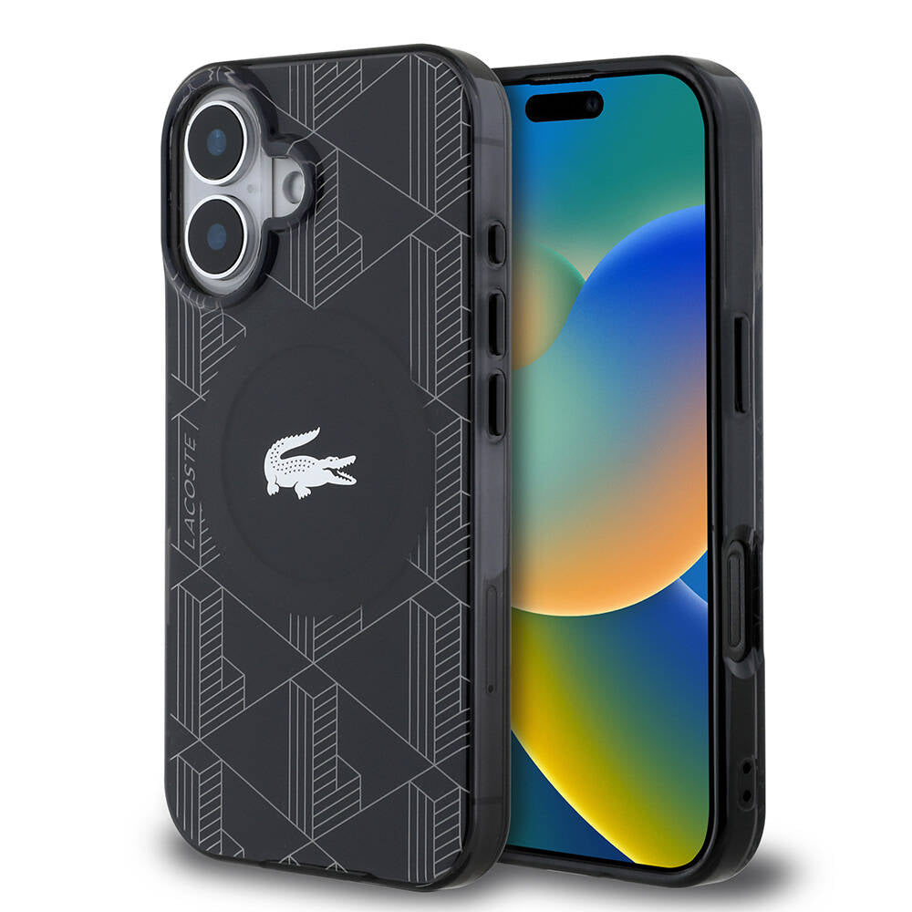 Apple iPhone 16 Kılıf Lacoste Orjinal Lisanslı M-safe Şarj Özellikli IML Baskılı Gümüş Timsah Logolu Monogram Kapak Siyah