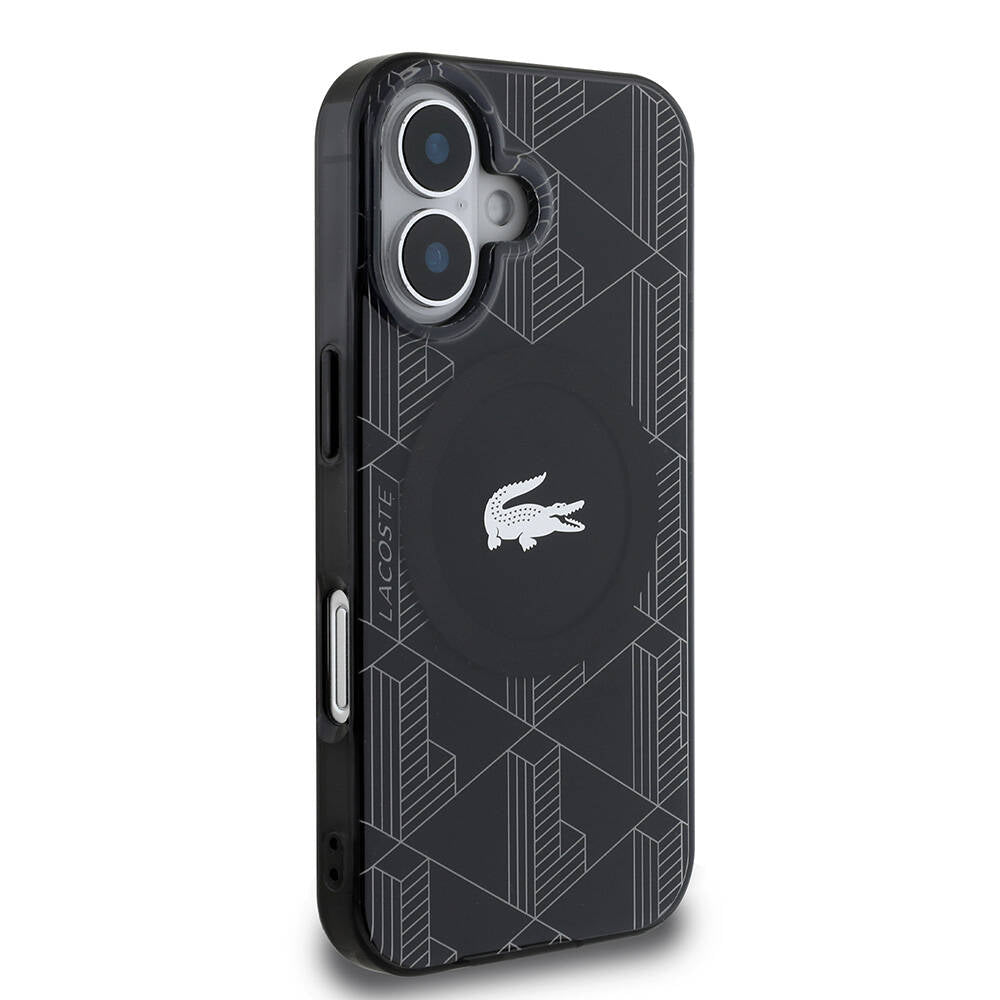 Apple iPhone 16 Kılıf Lacoste Orjinal Lisanslı M-safe Şarj Özellikli IML Baskılı Gümüş Timsah Logolu Monogram Kapak Siyah