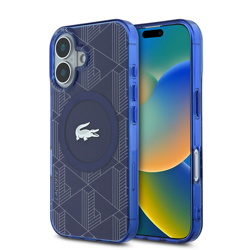 Apple iPhone 16 Kılıf Lacoste Orjinal Lisanslı M-safe Şarj Özellikli IML Baskılı Gümüş Timsah Logolu Monogram Kapak Lacivert