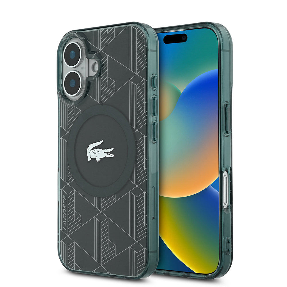 Apple iPhone 16 Kılıf Lacoste Orjinal Lisanslı M-safe Şarj Özellikli IML Baskılı Gümüş Timsah Logolu Monogram Kapak Yeşil