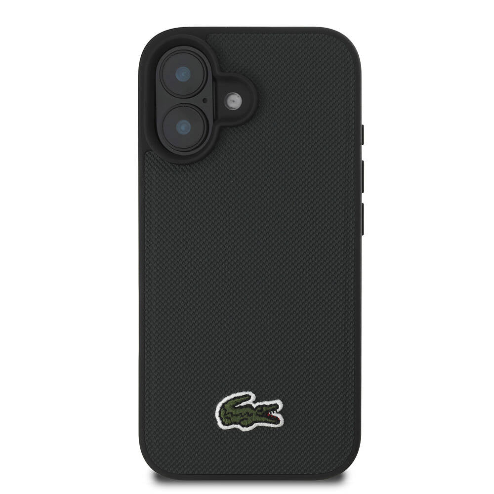 Apple iPhone 16 Kılıf Lacoste Orjinal Lisanslı PU Pike Desenli Arka Yüzey İkonik Timsah Dokuma Logolu Kapak Siyah