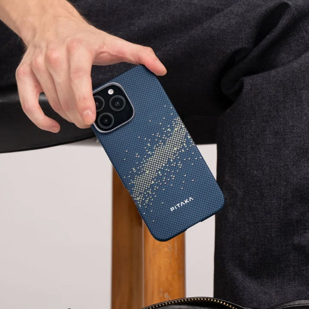 Apple iPhone 16 Kılıf M-safe Şarj Özellikli Aramid Fiber Pitaka Tactile Woven Starpeak Serisi Over The Horizon Kapak Mavi