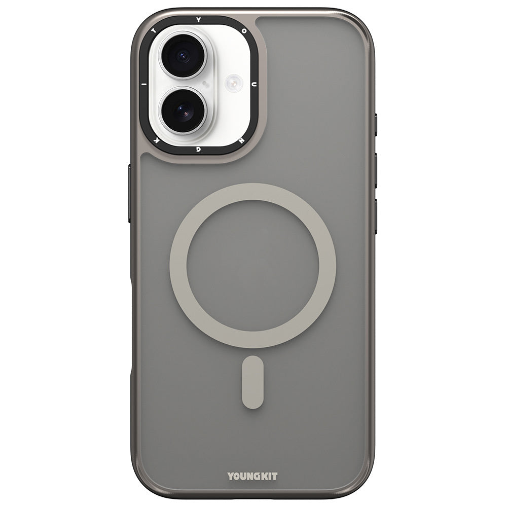 Apple iPhone 16 Kılıf M-safe Şarj Özellikli Cam Arka Yüzey TPU Youngkit Gemstone Serisi Kapak Gri