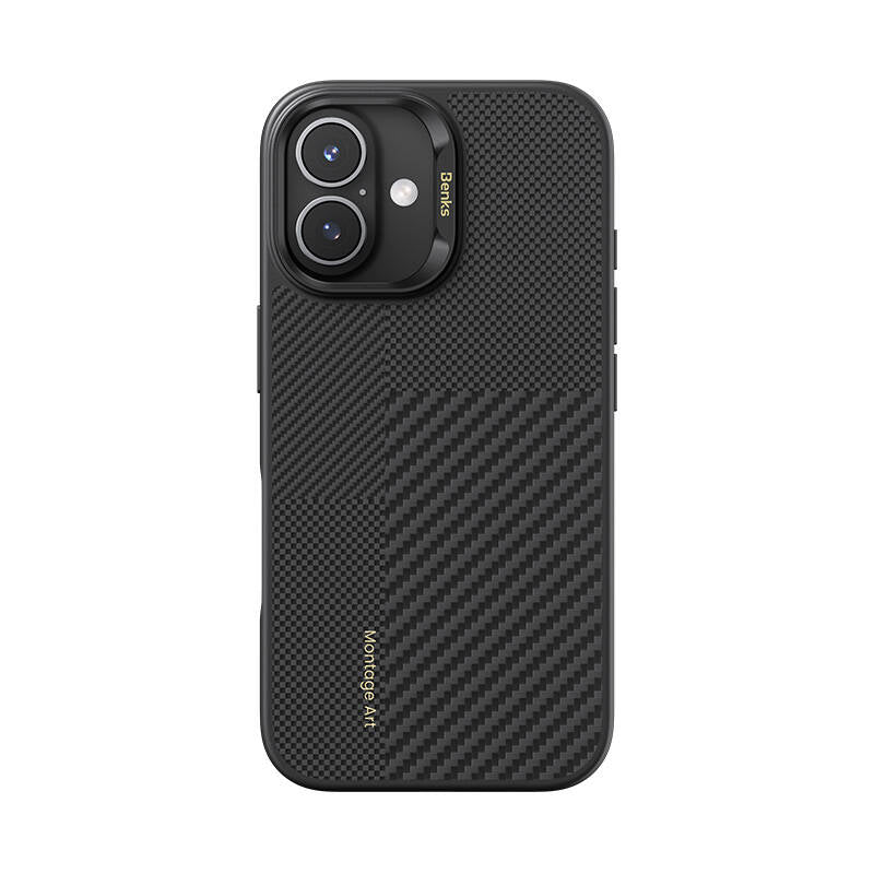 Apple iPhone 16 Kılıf M-safe Şarj Özellikli Karbon Fiber Benks Montage Hybrid ArmorPro Kevlar Kapak Siyah