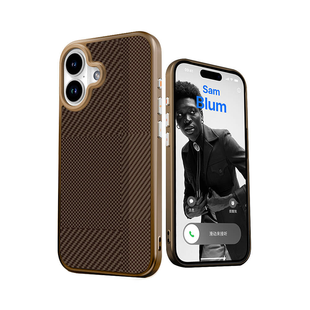 Apple iPhone 16 Kılıf M-safe Şarj Özellikli Karbon Fiber Desenli Mutural Montage Kapak Kahverengi