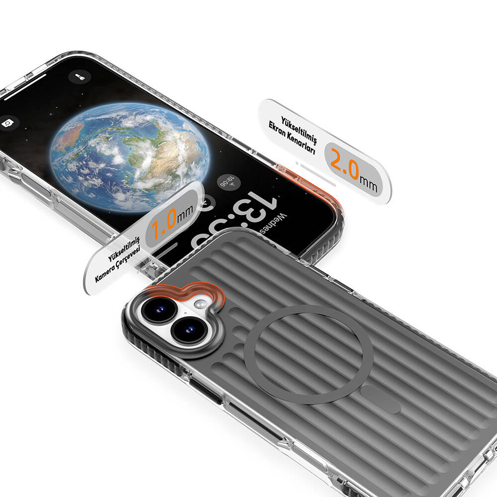 Apple iPhone 16 Kılıf M-safe Şarj Özellikli Oyuklu Tasarım Mutural Bumpy Clear Kapak Rose Gold