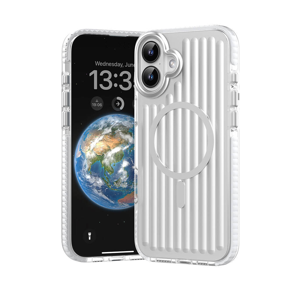 Apple iPhone 16 Kılıf M-safe Şarj Özellikli Oyuklu Tasarım Mutural Bumpy Clear Kapak Gümüş