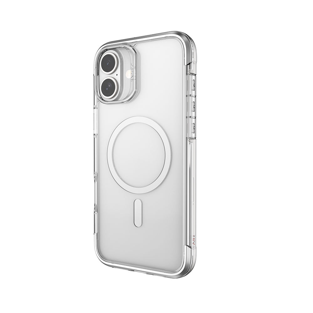 Apple iPhone 16 Kılıf M-safe Şarj Özellikli Raptic Air Serisi Airbag Tasarımlı Metal Köşelikli Şeffaf Kapak Gümüş