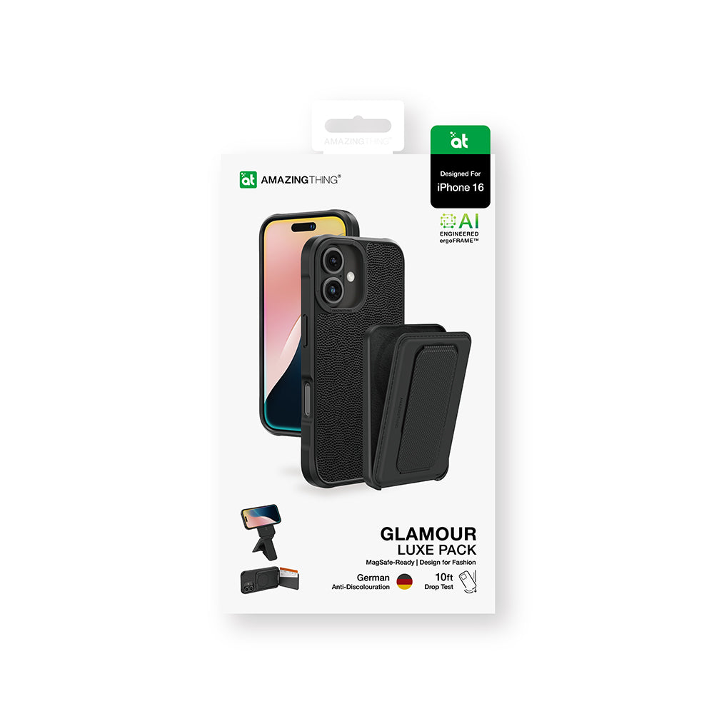 Apple iPhone 16 Kılıf M-safe Şarj Özellikli Standlı Kartlıklı Set Amazingthing Glamour Luxe Serisi Kapak Siyah