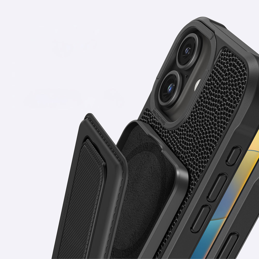 Apple iPhone 16 Kılıf M-safe Şarj Özellikli Standlı Kartlıklı Set Amazingthing Glamour Luxe Serisi Kapak Siyah