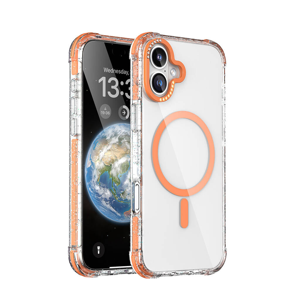 Apple iPhone 16 Kılıf M-safe Şarj Özellikli Taşlı ve Simli Tasarım Mutural Blink Kapak Mavi