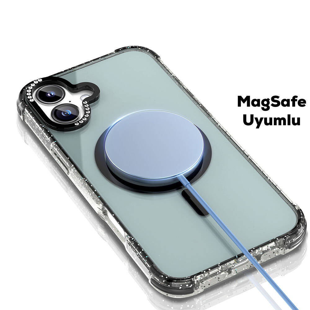 Apple iPhone 16 Kılıf M-safe Şarj Özellikli Taşlı ve Simli Tasarım Mutural Blink Kapak Pembe