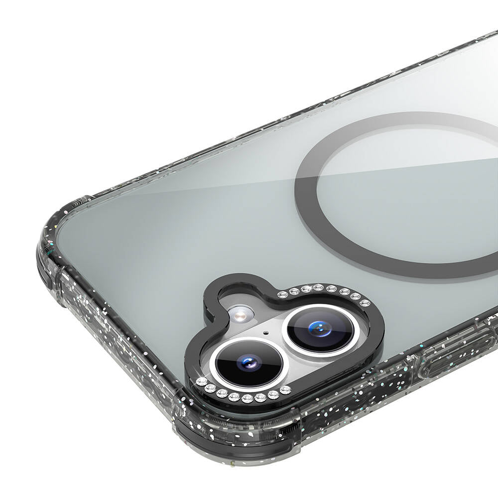 Apple iPhone 16 Kılıf M-safe Şarj Özellikli Taşlı ve Simli Tasarım Mutural Blink Kapak Siyah