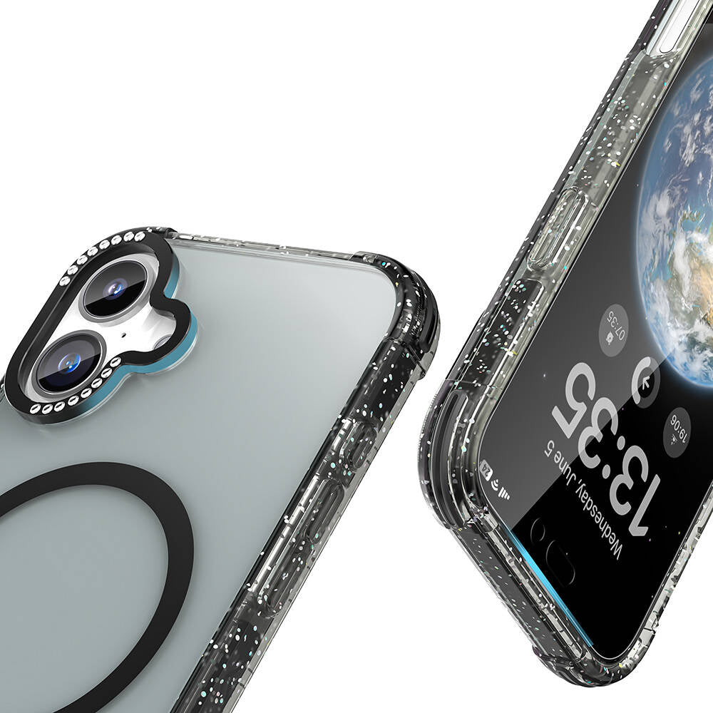 Apple iPhone 16 Kılıf M-safe Şarj Özellikli Taşlı ve Simli Tasarım Mutural Blink Kapak Şeffaf