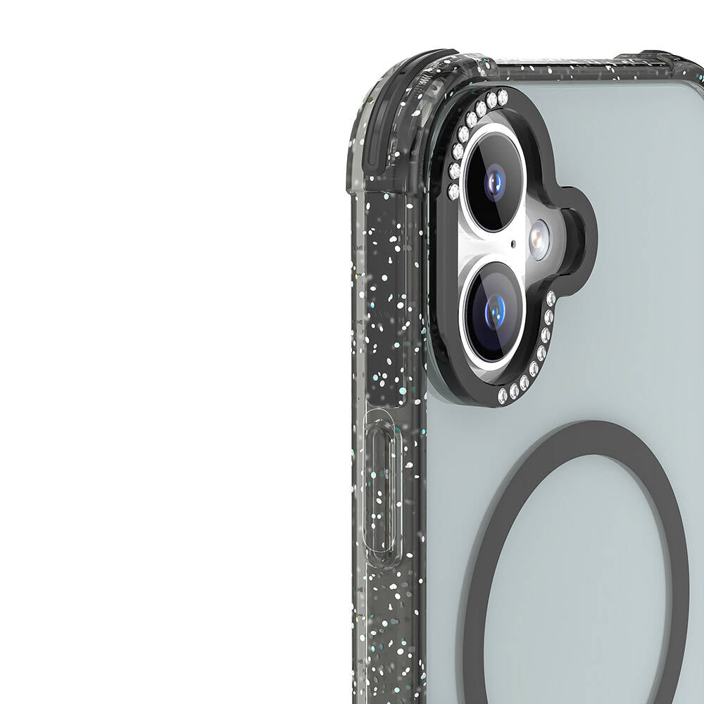 Apple iPhone 16 Kılıf M-safe Şarj Özellikli Taşlı ve Simli Tasarım Mutural Blink Kapak Mavi