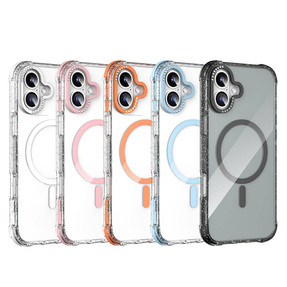 Apple iPhone 16 Kılıf M-safe Şarj Özellikli Taşlı ve Simli Tasarım Mutural Blink Kapak Turuncu