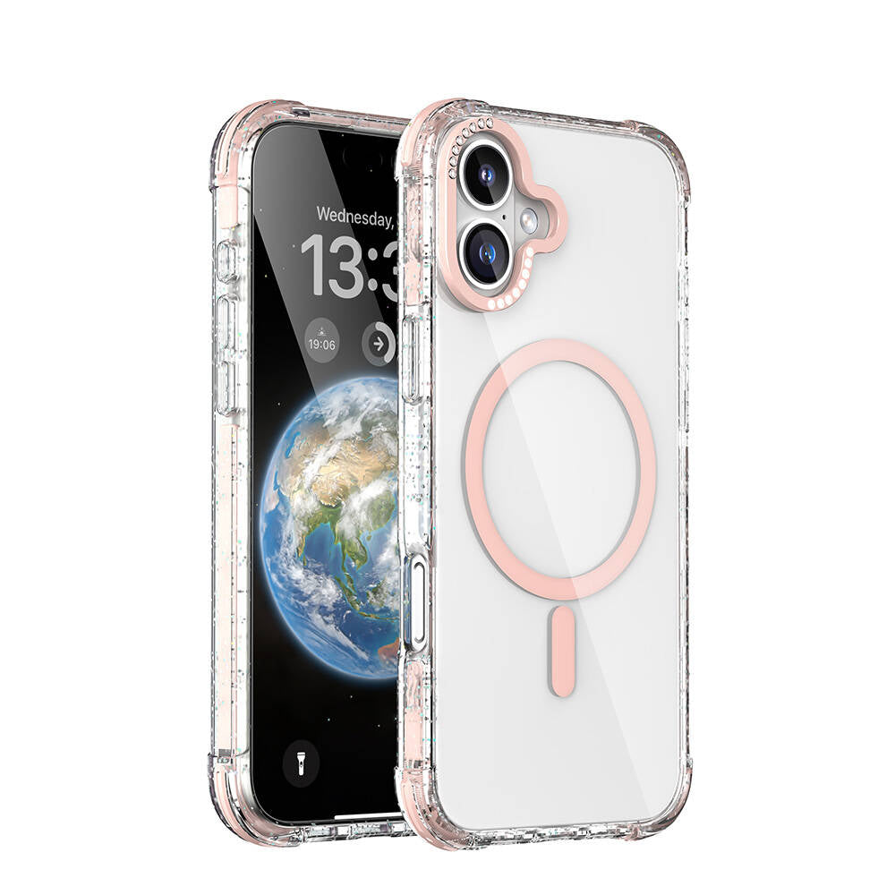 Apple iPhone 16 Kılıf M-safe Şarj Özellikli Taşlı ve Simli Tasarım Mutural Blink Kapak Pembe