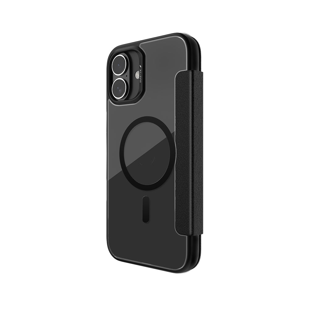 Apple iPhone 16 Kılıf M-safe Şarj Özellikli Vegan Deri Tasarımlı Şeffaf Arka Yüzey Kartlıklı Raptic Urban Folio Serisi Kapak Siyah