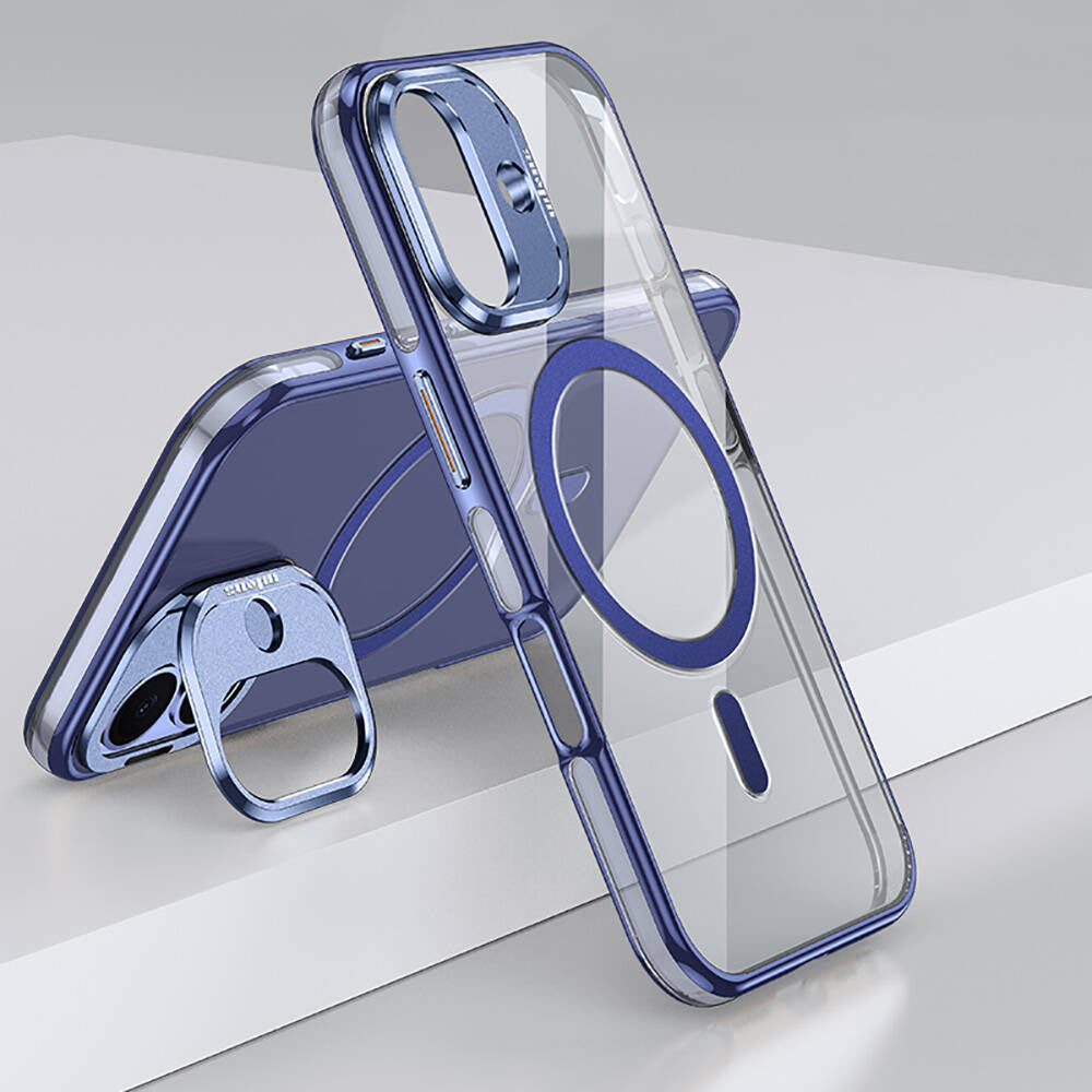 Apple iPhone 16 Kılıf M-safe Şarj Özellikli Wlons Standlı Efsane Kapak Mavi