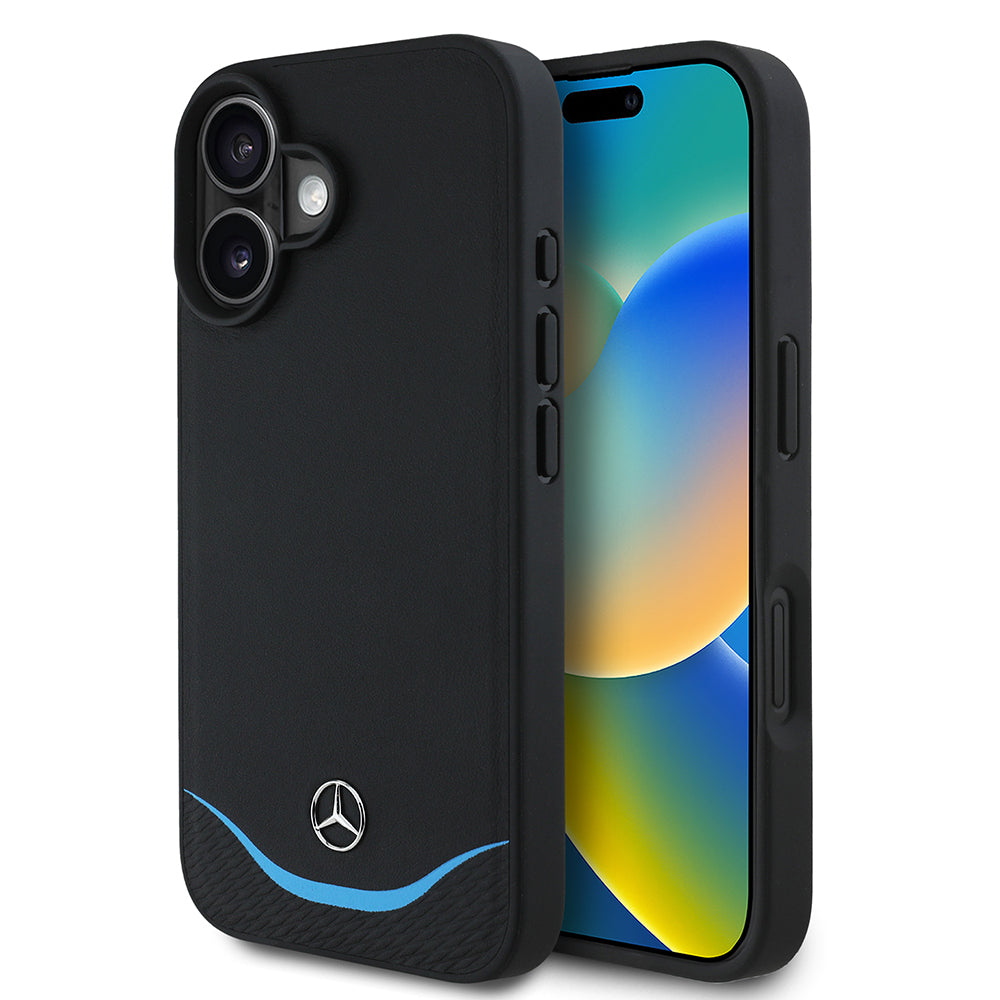Apple iPhone 16 Kılıf Mercedes Benz Orjinal Lisanslı M-safe Şarj Özellikli 3D Metal Logolu Mavi Yatay Eğri Çizgili Deri Kapak Siyah