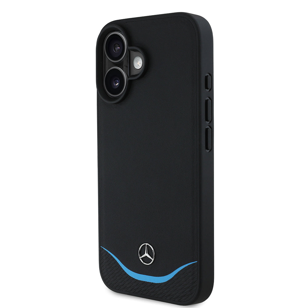 Apple iPhone 16 Kılıf Mercedes Benz Orjinal Lisanslı M-safe Şarj Özellikli 3D Metal Logolu Mavi Yatay Eğri Çizgili Deri Kapak Siyah