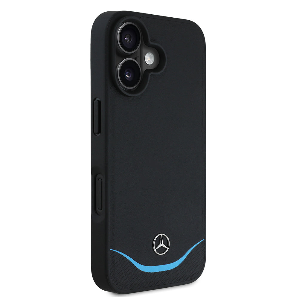 Apple iPhone 16 Kılıf Mercedes Benz Orjinal Lisanslı M-safe Şarj Özellikli 3D Metal Logolu Mavi Yatay Eğri Çizgili Deri Kapak Siyah