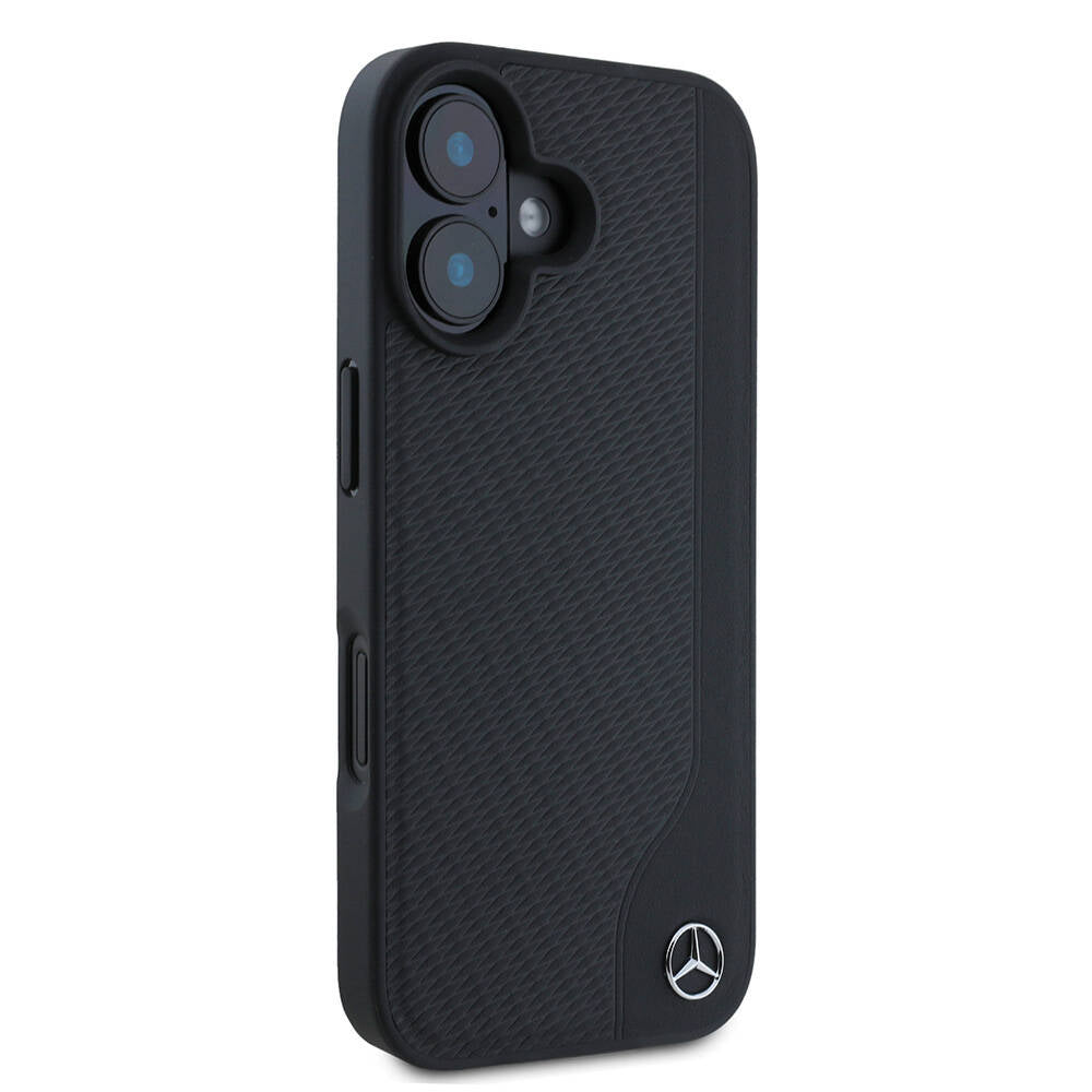 Apple iPhone 16 Kılıf Mercedes Benz Orjinal Lisanslı M-safe Şarj Özellikli 3D Metal Logolu Wood Imitation Deri Kapak Siyah