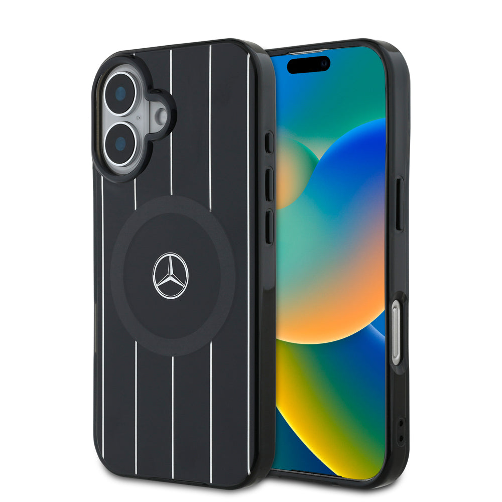 Apple iPhone 16 Kılıf Mercedes Benz Orjinal Lisanslı M-safe Şarj Özellikli Çift Katmanlı Paralel Çizgi Desenli Kapak Siyah