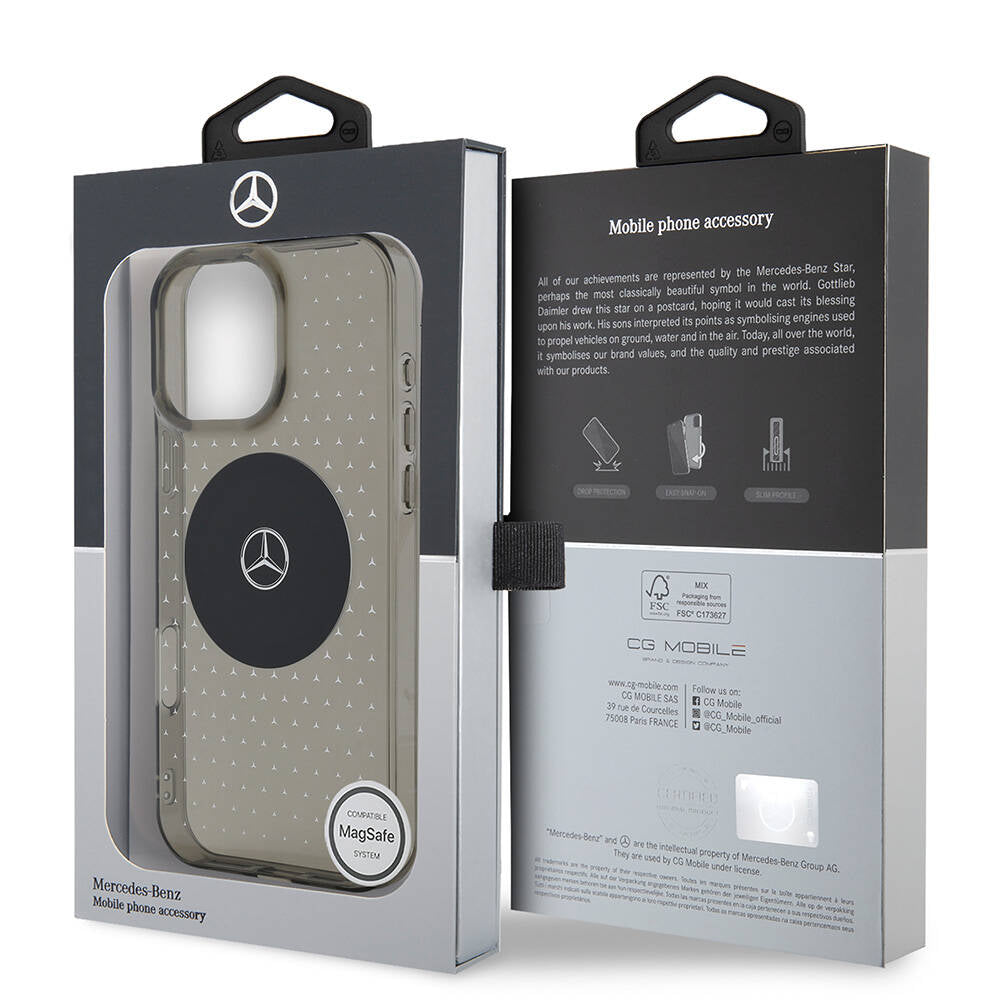 Apple iPhone 16 Pro Max Kılıf Mercedes Benz Orjinal Lisanslı M-safe Şarj Özellikli Yıldız Desenli Transparan Kapak Siyah