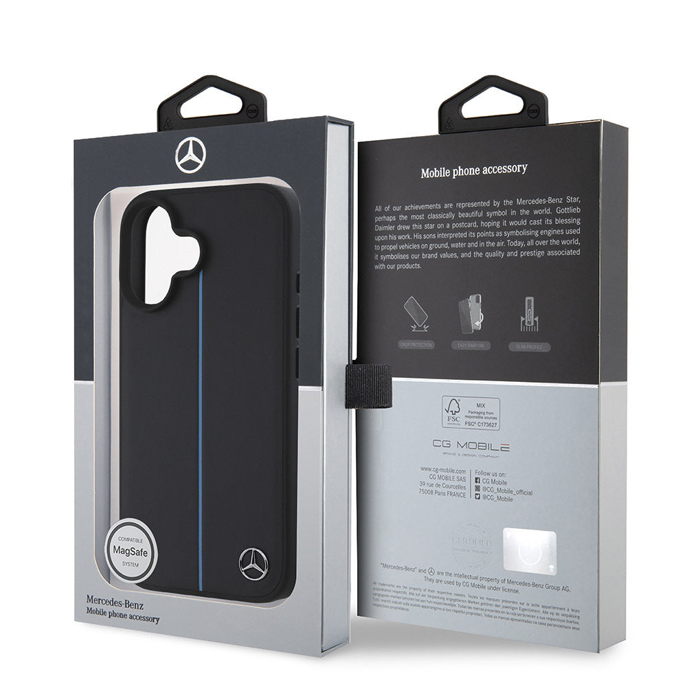 Apple iPhone 16 Kılıf Mercedes Benz Orjinal Lisanslı M-safe Şarj Özellikli Metal Yıldız Logolu Mavi Çizgili Deri Kapak Siyah