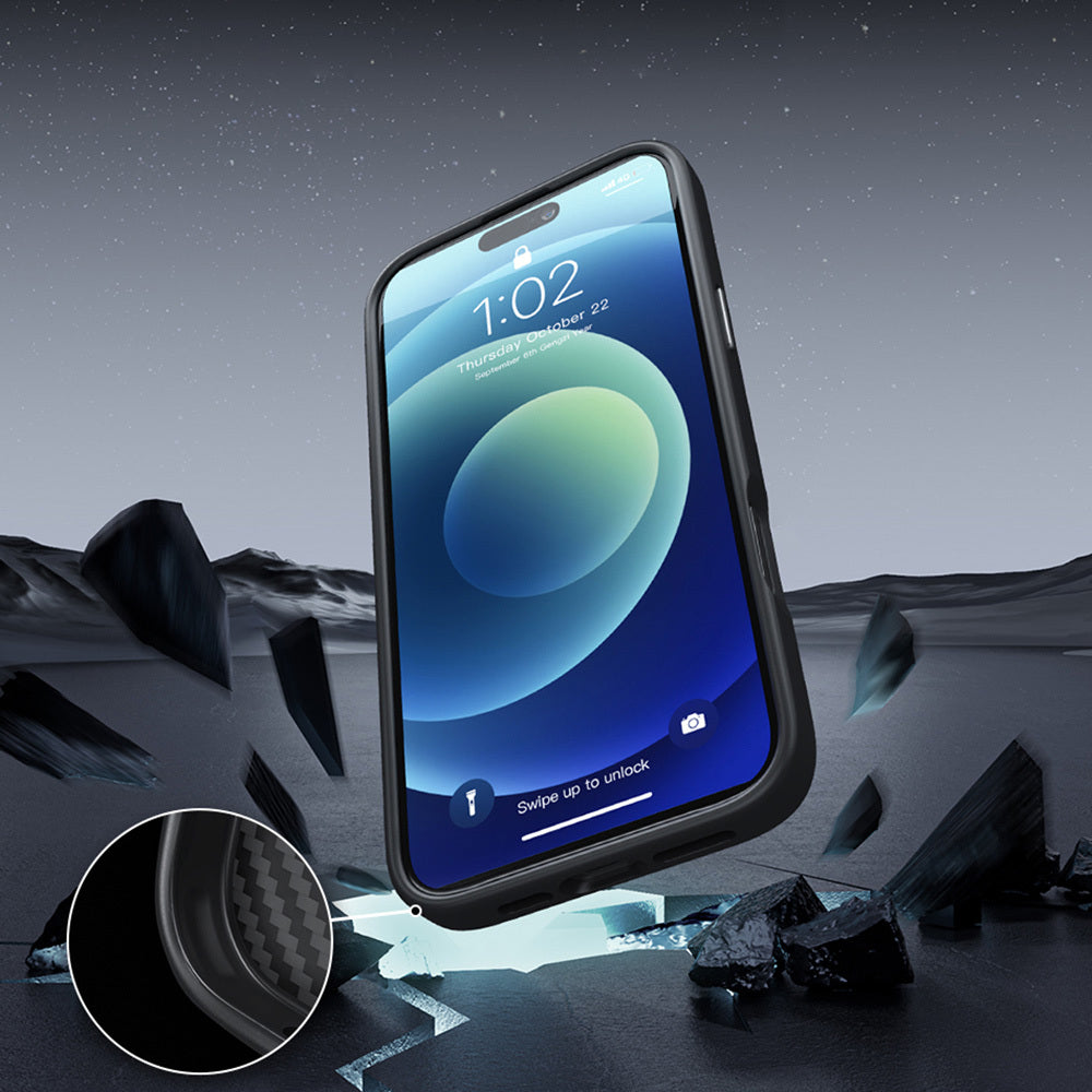 Apple iPhone 16 Kılıf Wiwu DCC-205 M-safe Şarj Özellikli Aramid Fiber Tasarım Kevlar Kapak Siyah