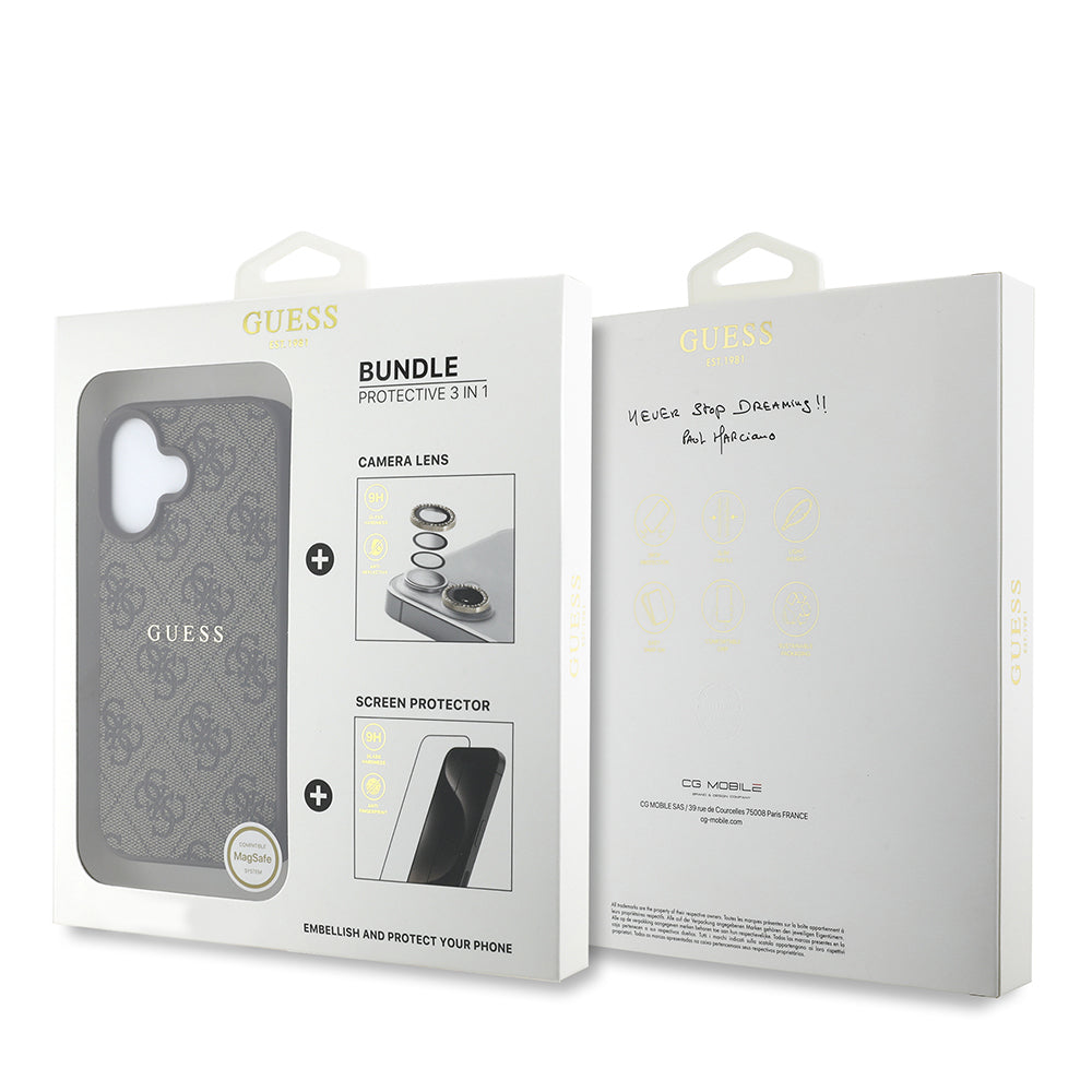 Apple iPhone 16 Plus Guess Orjinal Lisanslı Kılıf + Ekran Koruyucu + Lens Koruyucu 3in1 Aksesuar Seti Pembe