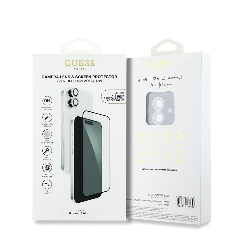 Apple iPhone 16 Plus Guess Orjinal Lisanslı Rhinestone Ekran Koruyucu + Lens Koruyucu 2in1 Aksesuar Seti Gümüş