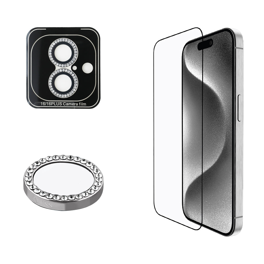 Apple iPhone 16 Plus Guess Orjinal Lisanslı Rhinestone Ekran Koruyucu + Lens Koruyucu 2in1 Aksesuar Seti Gold