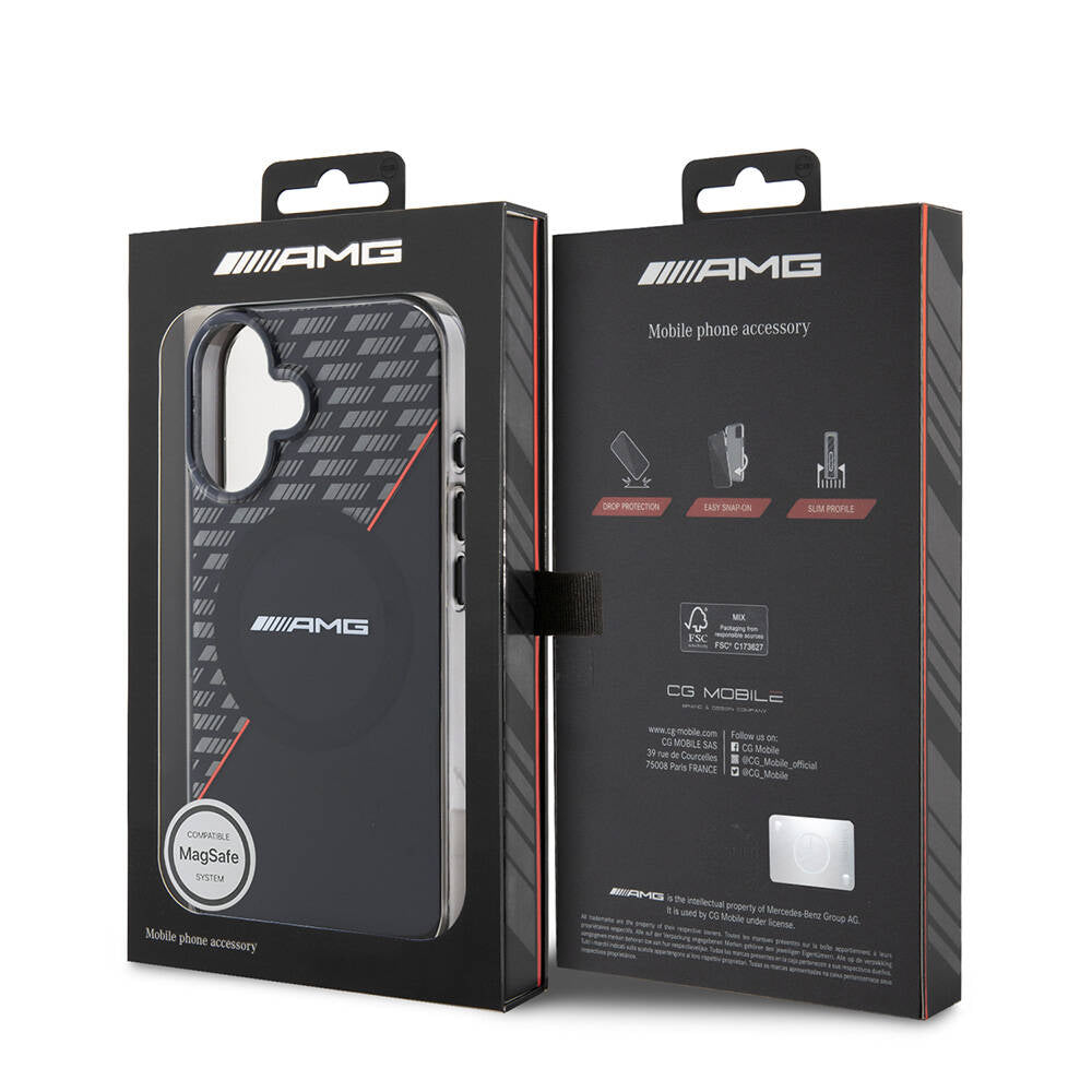 Apple iPhone 16 Plus Kılıf AMG Orjinal Lisanslı M-safe Şarj Özellikli Çift Katmanlı Kırmızı Çapraz Çizgili Kapak Siyah-Kırmızı