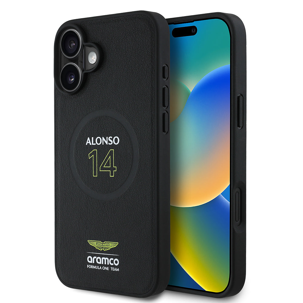Apple iPhone 16 Plus Kılıf Aston Martin Orjinal Lisanslı M-safe Şarj Özellikli PU Deri Alonso 14 Baskılı Kapak Siyah